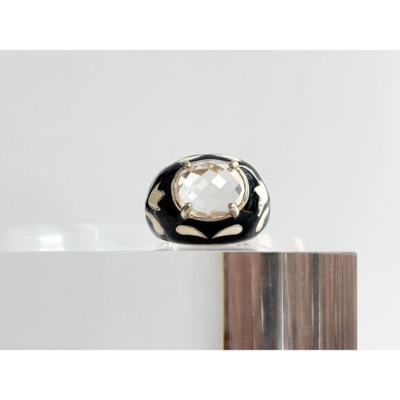 Black & White Enameled Domed Rhinestone Sterling Silver Vintage Ring - sz 5.75 - Picture 9 of 10